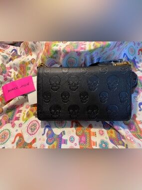 Betsey Johnson Black Boss Wallet Crossbody with Skulls